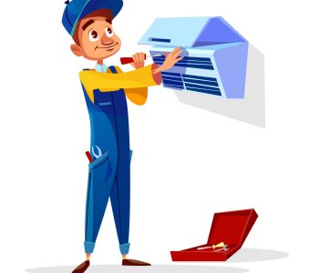 Air conditioner repair man vector cartoon illustration Air conditioner repair vector illustration of repairman with tools. Cartoon flat man of technician engineer profession from AC air conditioner maintenance service with screwdriver and toolbox